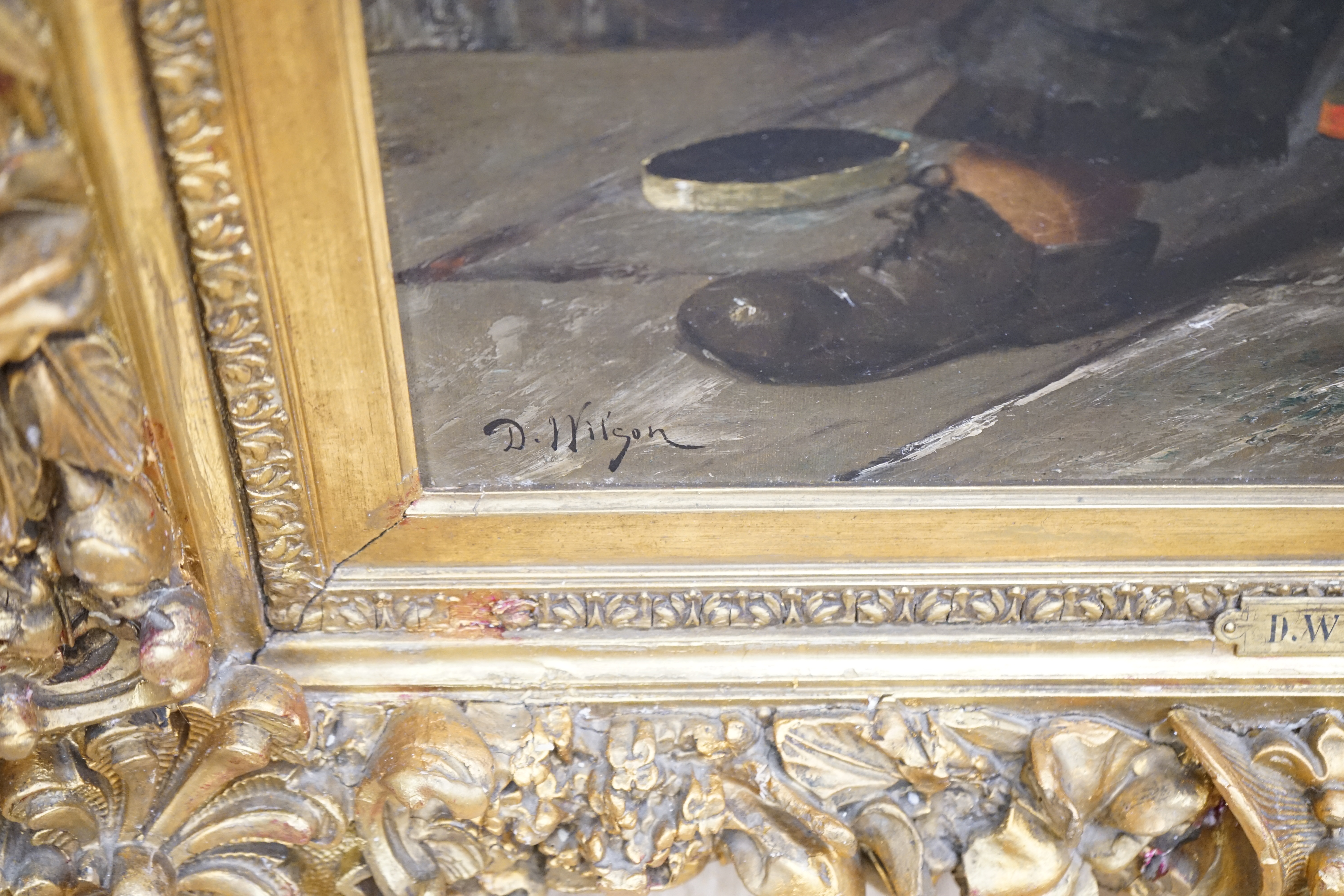 D. Wilson (19th C.), oil on canvas, Full length study of a boy smoking, signed, applied plaque to the frame, 79 x 48cm, ornate gilt framed. Condition - fair, losses to the frame